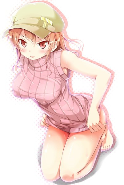 Anime picture 672x1000 with original porurin single long hair tall image looking at viewer blush breasts open mouth light erotic red eyes barefoot orange hair bare legs erect nipples kneeling covered nipples girl vest flat cap