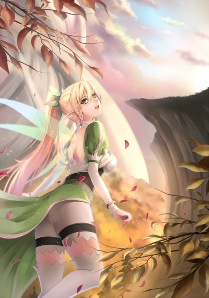 Anime picture 968x1383 with sword art online a-1 pictures leafa maximebb single long hair tall image open mouth blonde hair green eyes cloud (clouds) ponytail braid (braids) looking back pointy ears twin braids girl thighhighs dress petals
