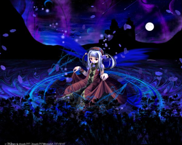Anime picture 1280x1024 with original damsdu597 single red eyes signed blue hair loli dated girl dress hair ornament animal bird (birds) castle