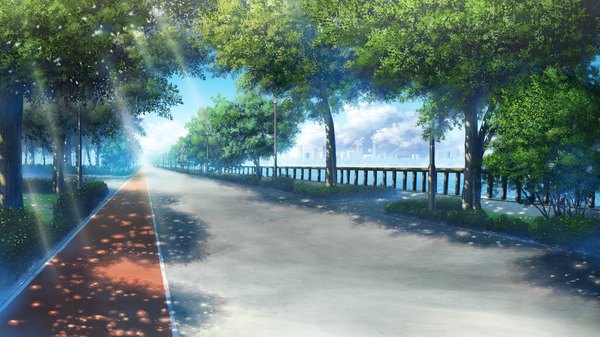 Anime picture 2048x1152 with wan nyan a la mode! highres wide image game cg shadow no people landscape plant (plants) tree (trees) road