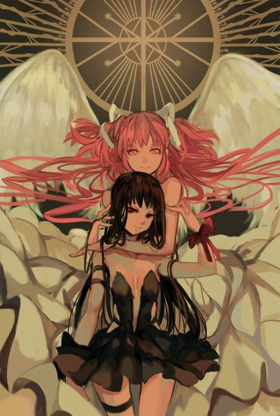 Anime picture 1001x1481 with mahou shoujo madoka magica shaft (studio) akemi homura kaname madoka goddess madoka akuma homura wttwj long hair tall image looking at viewer black hair smile twintails bare shoulders multiple girls looking away pink hair pink eyes sleeveless hug