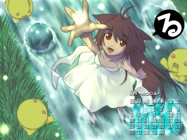 Anime picture 1280x960 with red eyes brown hair animal ears cat ears 2005 calendar