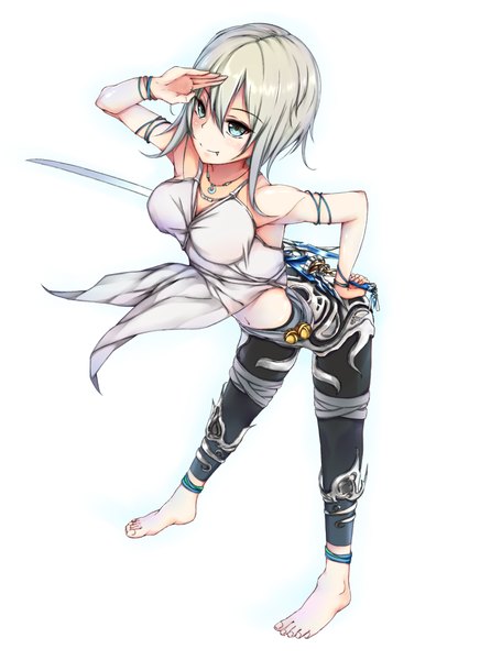 Anime picture 750x1030 with original aeve (artist) single tall image short hair breasts blue eyes simple background smile large breasts standing white background bare shoulders holding looking away silver hair barefoot bare belly leaning no shoes
