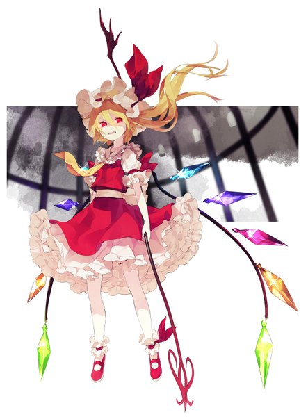 Anime picture 1344x1820 with touhou flandre scarlet shihou (g-o-s) single tall image short hair open mouth blonde hair red eyes white background teeth fang (fangs) girl skirt weapon wings bonnet skirt set crystal knickers