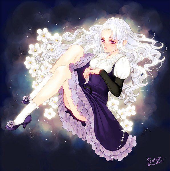 Anime picture 1000x1008 with original sudou kira single long hair tall image purple eyes signed white hair dark background girl dress flower (flowers) socks white socks