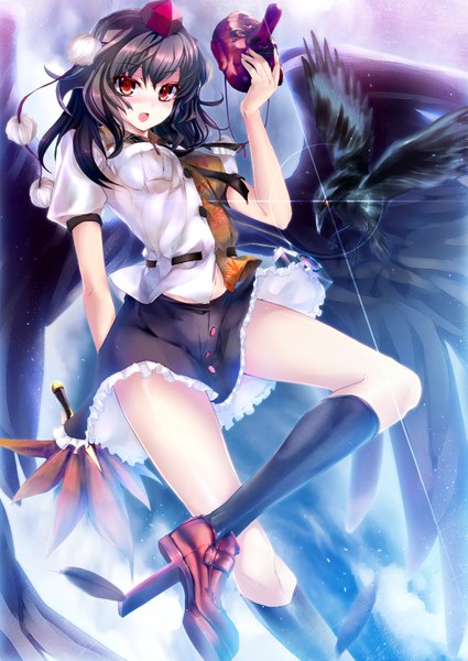 Anime picture 1133x1600 with touhou shameimaru aya uzuki aoki tall image short hair open mouth black hair red eyes black wings girl skirt miniskirt wings socks black socks mask fan crow tokin hat hauchiwa