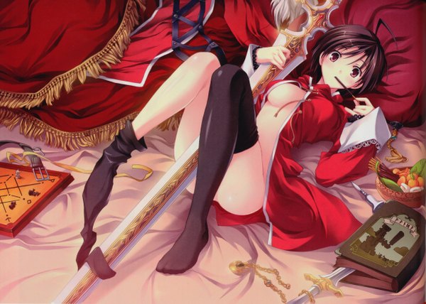 Anime picture 4805x3431 with valkyrie complex kylayne priera akisoba (circus) single looking at viewer highres short hair breasts light erotic brown hair purple eyes absurdres scan reclining product placement girl thighhighs weapon black thighhighs sweets