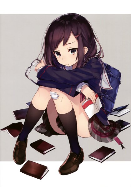 Anime picture 2652x3800 with original mika pikazo single long hair tall image fringe highres simple background brown hair sitting holding looking away bent knee (knees) pleated skirt scan grey background girl skirt socks glasses