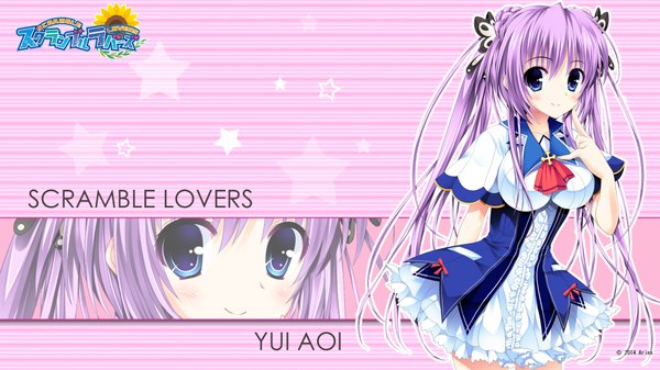 Anime picture 1920x1080 with scramble lovers aoi yui long hair looking at viewer blush fringe highres blue eyes smile wide image purple hair inscription official art wallpaper hieroglyph girl uniform hair ornament school uniform star (symbol)