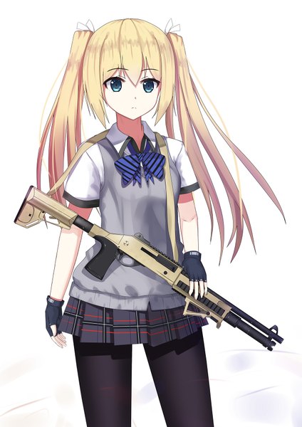Anime picture 1280x1810 with original unscpro single long hair tall image looking at viewer blue eyes simple background blonde hair white background twintails girl gloves uniform weapon school uniform pantyhose black pantyhose fingerless gloves gun