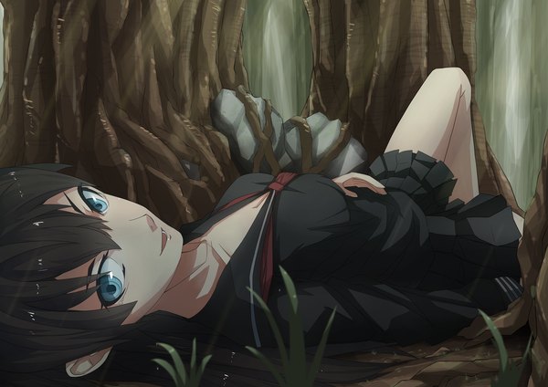 Anime picture 2480x1753 with pixiv el (pixiv) highres blue eyes black hair lying girl uniform plant (plants) school uniform tree (trees)