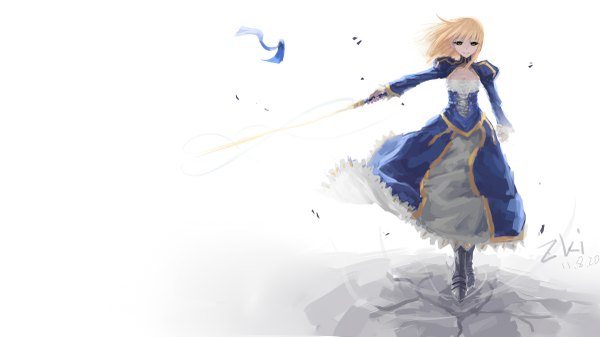 Anime picture 2400x1350 with fate (series) fate/stay night fate/zero studio deen type-moon artoria pendragon (all) saber long hair highres simple background blonde hair wide image white background green eyes signed girl dress ribbon (ribbons) weapon sword