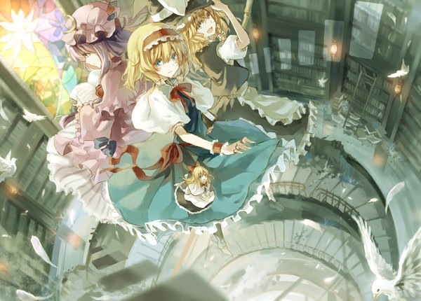 Anime picture 1115x800 with touhou kirisame marisa patchouli knowledge alice margatroid shanghai asuka (louyun) long hair looking at viewer short hair open mouth blonde hair sitting purple eyes multiple girls green eyes yellow eyes purple hair braid (braids) crescent reading