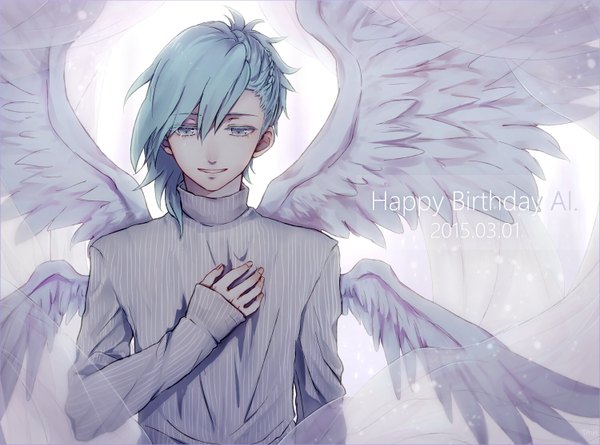 Anime picture 1500x1114 with uta no prince-sama a-1 pictures mikaze ai toko single short hair hair between eyes aqua hair tears hand on chest dated looking down angel wings silver eyes happy birthday multiple wings boy wings curtains turtleneck