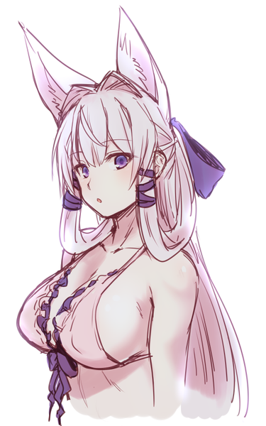 Anime picture 500x800 with original tamamo (yagi) yagi (ningen) single long hair tall image looking at viewer blush breasts light erotic simple background large breasts white background purple eyes bare shoulders animal ears upper body white hair :o fox ears