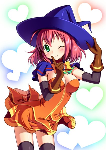 Anime picture 707x1000 with magical halloween alice wishheart bucchake (asami) tall image blush short hair smile green eyes pink hair one eye closed wink witch girl thighhighs dress gloves black thighhighs hat elbow gloves heart