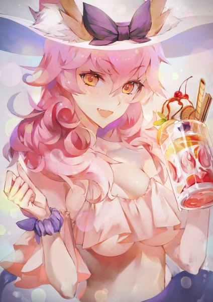 Anime picture 700x990 with fate (series) fate/extra tamamo (fate) (all) tamamo no mae (swimsuit lancer) (fate) hxxg single long hair tall image looking at viewer fringe breasts open mouth light erotic hair between eyes large breasts animal ears pink hair upper body sparkle orange eyes