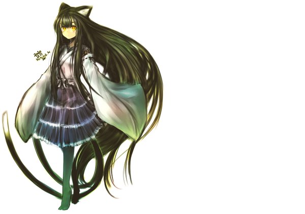 Anime picture 3328x2340 with original kotoba noriaki single long hair highres simple background white background animal ears yellow eyes absurdres green hair multiple tails girl dress