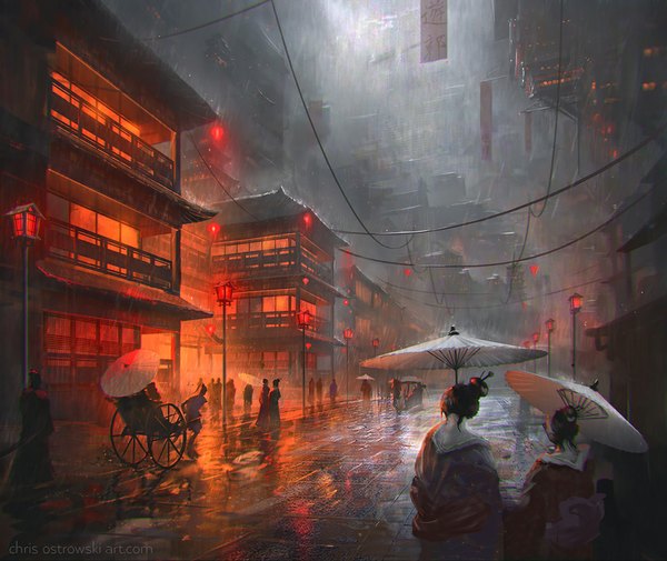 Anime picture 900x758 with original najtkriss (artist) long hair black hair multiple girls outdoors traditional clothes japanese clothes from behind hair bun (hair buns) back city reflection rain cityscape pale skin city lights girl hair ornament 2 girls