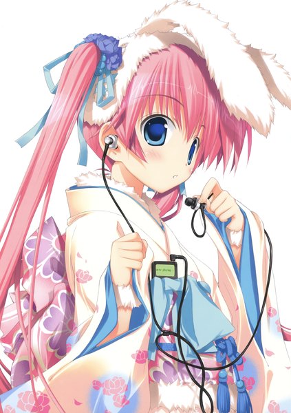 Anime picture 2468x3500 with original fujima takuya single long hair tall image blush highres blue eyes twintails pink hair japanese clothes bunny ears girl kimono headphones digital media player