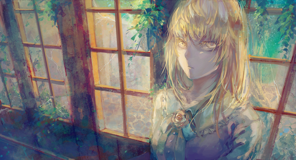 Anime picture 1000x541 with original fabri single long hair looking at viewer fringe blonde hair wide image yellow eyes sunlight close-up girl flower (flowers) plant (plants) window rose (roses)