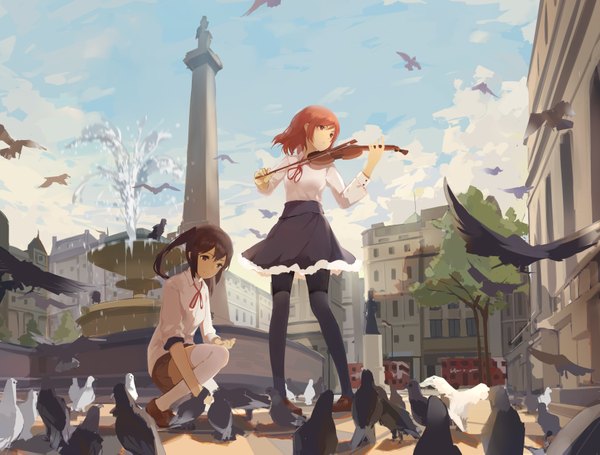 Anime picture 3425x2598 with love live! school idol project sunrise (studio) love live! nishikino maki yazawa nico huanxiang heitu long hair highres short hair black hair red eyes purple eyes multiple girls looking away absurdres sky red hair city scenic playing instrument