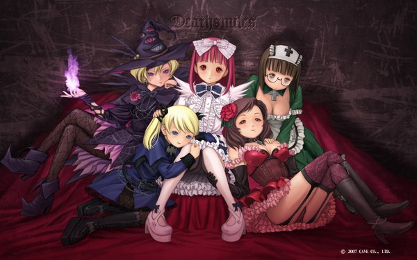 Anime picture 1920x1200 with deathsmiles casper windia (deathsmiles) follet rosa (deathsmiles) sakura (deathsmiles) long hair highres short hair blue eyes black hair blonde hair smile red eyes wide image multiple girls brown eyes pink hair loli magic