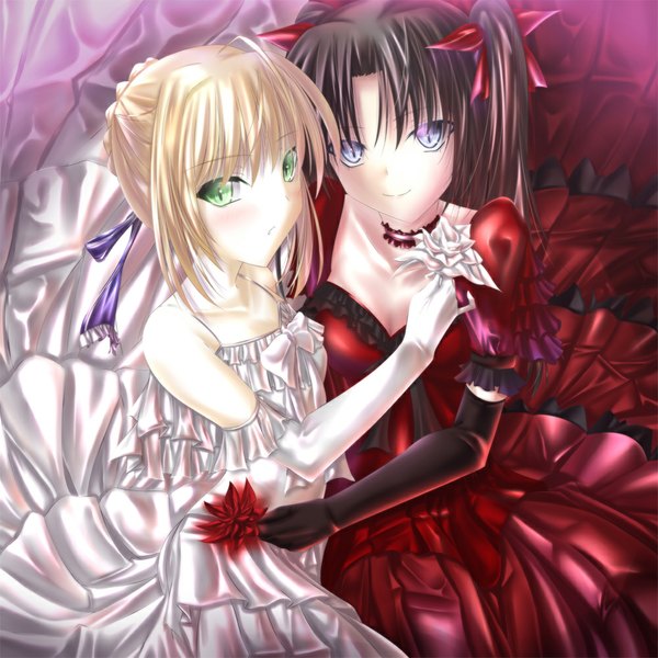 Anime picture 1000x1000 with fate (series) fate/stay night studio deen type-moon artoria pendragon (all) saber toosaka rin akeyama kitsune long hair looking at viewer blush blue eyes black hair blonde hair smile twintails bare shoulders green eyes dress gloves