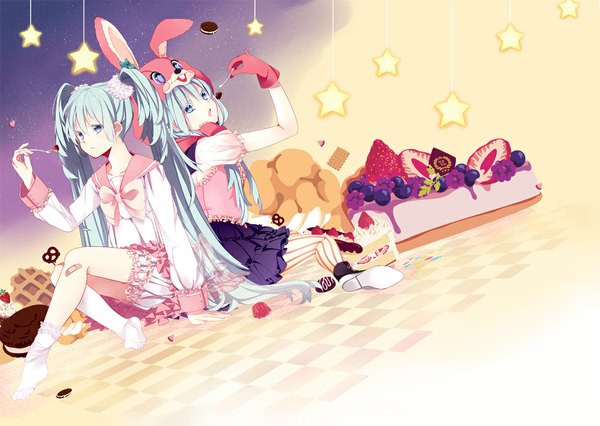 Anime picture 1174x835 with vocaloid lol -lots of laugh- (vocaloid) hatsune miku hatsuko long hair blue eyes twintails multiple girls aqua hair bandaid on leg girl dress bow 2 girls socks food sweets star (symbol) star (stars) white socks