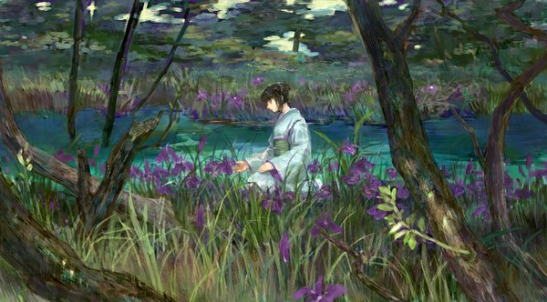 Anime picture 1089x604 with original oyabin single short hair black hair wide image japanese clothes profile kneeling traditional media watercolor (medium) lake girl flower (flowers) plant (plants) tree (trees) kimono grass