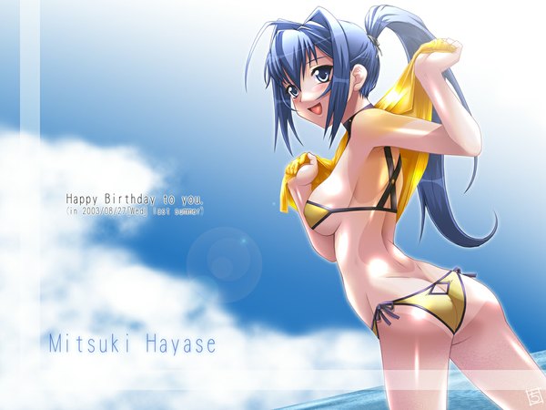Anime picture 1152x864 with kimi ga nozomu eien hayase mitsuki long hair breasts blue eyes light erotic blue hair ass ponytail looking back wallpaper lens flare underboob tan butt crack tan lines dimples of venus swimsuit bikini