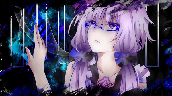 Anime picture 1000x563 with vocaloid yuzuki yukari tyouya single long hair wide image purple eyes twintails purple hair alternate costume low twintails looking up close-up face girl hair ornament glasses