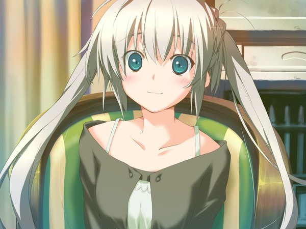 Anime picture 1600x1200 with happy margaret rindou saki kokonoka single long hair blush fringe hair between eyes sitting twintails green eyes payot game cg white hair loli girl