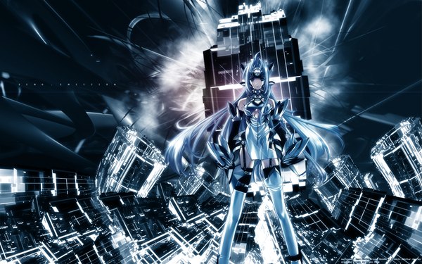 Anime picture 1920x1200 with xenosaga monolith software kos-mos long hair highres wide image blue hair ahoge mecha musume girl thighhighs mecha