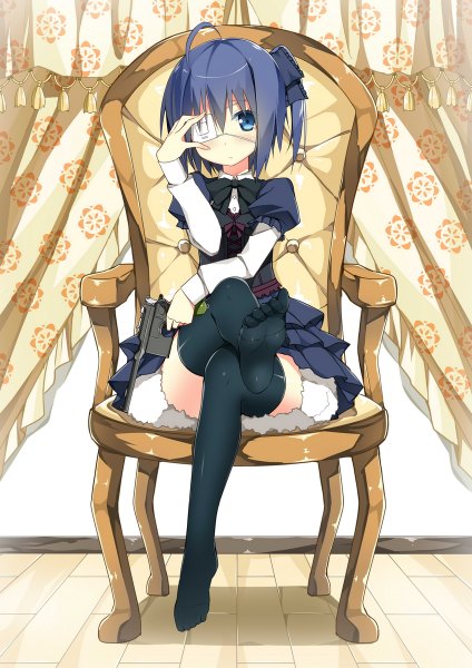 Anime picture 848x1200 with chuunibyou demo koi ga shitai! kyoto animation takanashi rikka sky-freedom single tall image looking at viewer short hair blue eyes sitting blue hair ahoge legs one side up girl thighhighs dress ribbon (ribbons) weapon black thighhighs