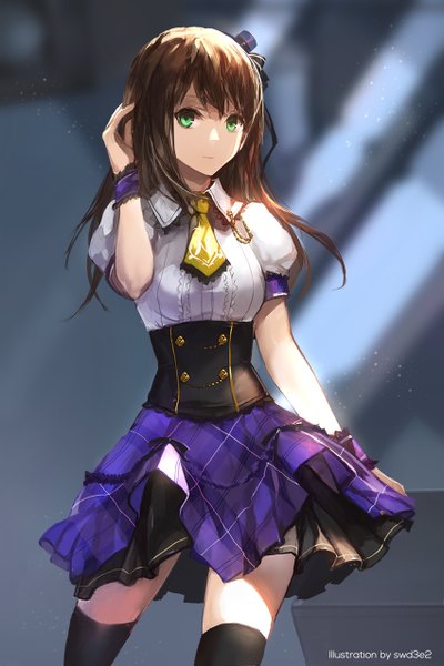 Anime picture 850x1276 with idolmaster idolmaster cinderella girls shibuya rin swd3e2 single long hair tall image looking at viewer brown hair green eyes watermark plaid skirt girl thighhighs skirt black thighhighs wrist cuffs