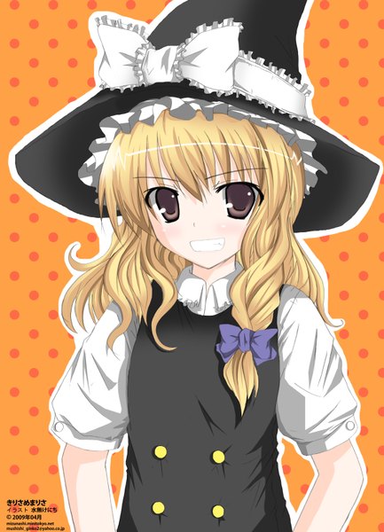 Anime picture 2338x3242 with touhou kirisame marisa mizunashi kenichi single tall image blush highres blonde hair brown eyes grin girl bow hair bow witch hat