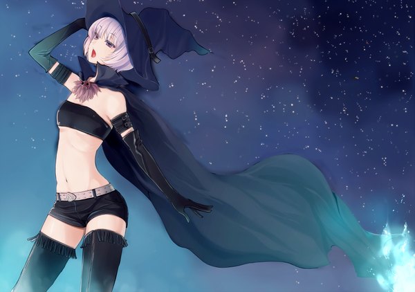 Anime picture 1638x1153 with original hareno chiame (artist) short hair open mouth purple eyes white hair girl thighhighs navel black thighhighs shorts star (stars) cloak