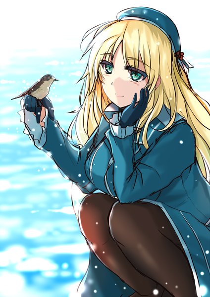 Anime picture 700x990 with kantai collection atago heavy cruiser clock (clockart) long hair tall image fringe breasts blonde hair smile large breasts sitting green eyes bent knee (knees) sunlight squat sitting on person bird on hand girl gloves animal