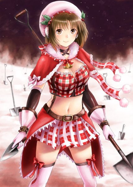 Anime picture 1000x1400 with idolmaster hagiwara yukiho yakusa single tall image blush short hair brown hair brown eyes midriff girl thighhighs skirt gloves navel miniskirt elbow gloves beret skirt set