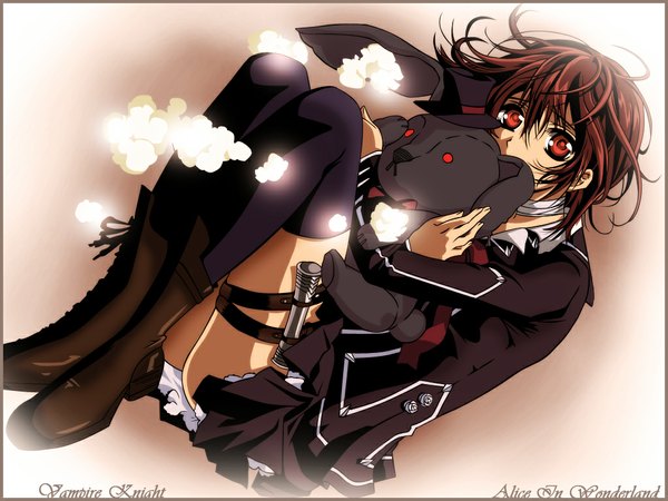 Anime picture 1024x768 with vampire knight studio deen cross yuki looking at viewer short hair red eyes brown hair girl thighhighs uniform black thighhighs school uniform petals boots toy stuffed animal