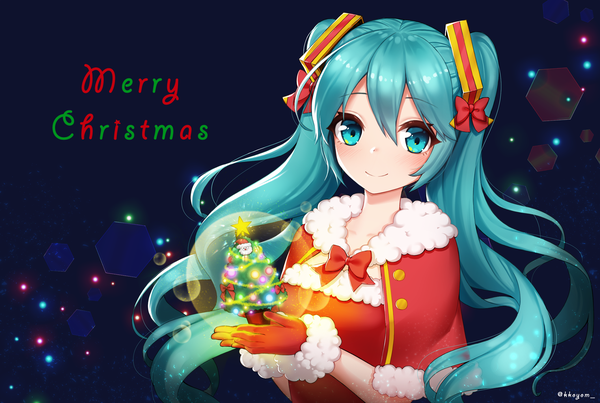Anime picture 2380x1600 with vocaloid hatsune miku ango single long hair looking at viewer fringe highres smile hair between eyes twintails upper body aqua eyes aqua hair christmas dark background merry christmas girl gloves hair ornament