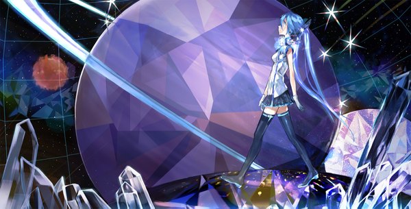 Anime picture 1806x919 with vocaloid hatsune miku kazune (baumkuchen) single fringe highres breasts wide image twintails profile pleated skirt aqua eyes light smile aqua hair looking up walking glow girl skirt gloves