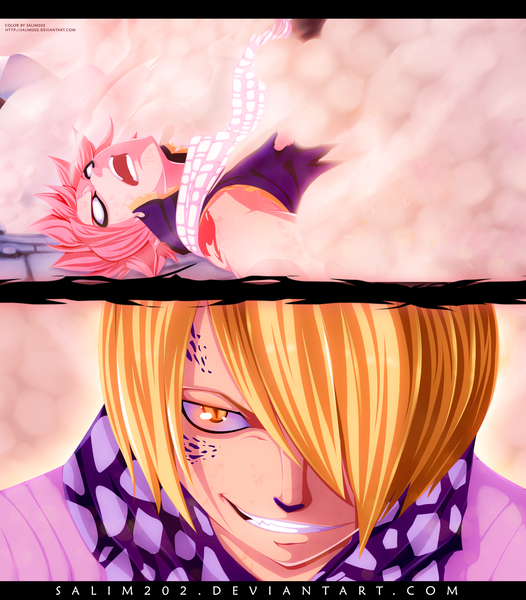 Anime picture 3380x3856 with fairy tail natsu dragneel jackal salim202 tall image fringe highres short hair open mouth blonde hair smile yellow eyes pink hair absurdres hair over one eye tattoo sleeveless grin coloring torn clothes