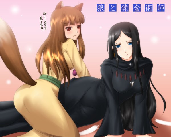 Anime picture 1280x1024 with spice and wolf horo long hair blue eyes black hair red eyes brown hair animal ears tail wolf ears wolf tail wolf girl girl