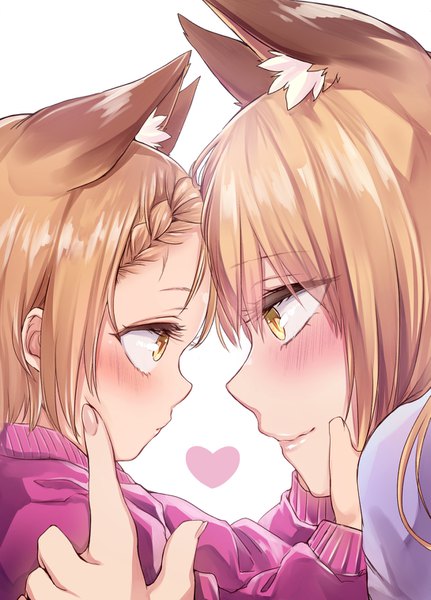 Anime picture 1089x1514 with original yukibuster tall image short hair blonde hair simple background smile white background multiple girls animal ears yellow eyes profile face to face mother and daughter girl 2 girls heart