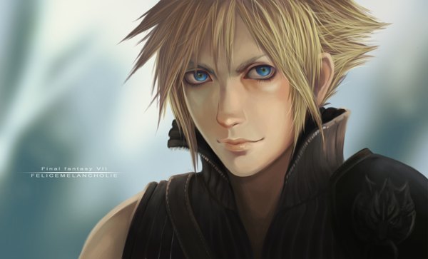 Anime picture 1486x900 with final fantasy final fantasy vii square enix cloud strife felicemelancholie single looking at viewer short hair blue eyes simple background blonde hair wide image signed realistic inscription boy