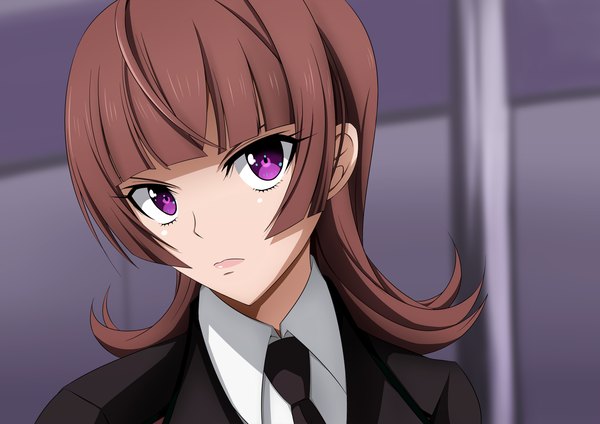 Anime picture 2046x1446 with active raid kazari asami sho-chan single long hair looking at viewer highres brown hair purple eyes girl uniform necktie