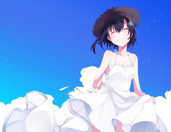 Anime picture 2600x2000 with original umiko (munemiu) single blush fringe highres short hair open mouth black hair smile standing bare shoulders holding sky cloud (clouds) eyes closed grin ^ ^ revision girl