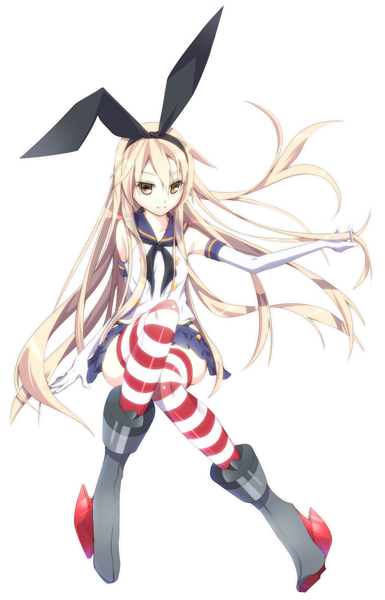 Anime picture 1000x1555 with kantai collection shimakaze destroyer kawasaki toiro single long hair tall image looking at viewer blonde hair brown eyes full body transparent background girl thighhighs skirt gloves bow hair bow miniskirt elbow gloves white gloves